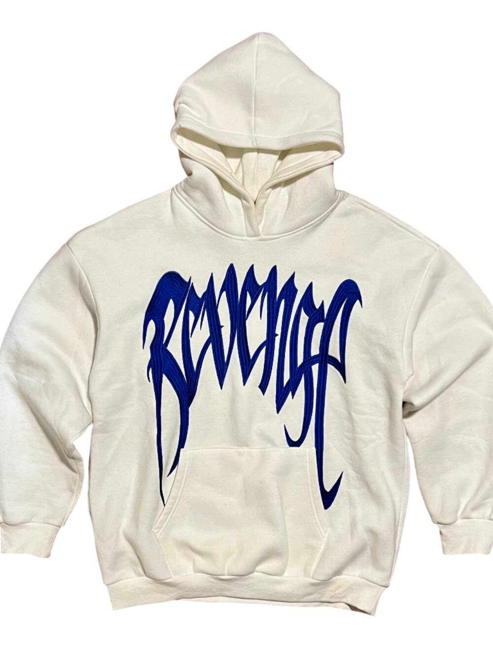 Revenge Embroidered Gothic Print Logo White Pullover Hoodie, Men's Large